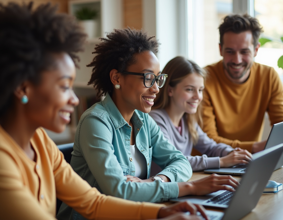 Diverse group using laptops and assistive technology together