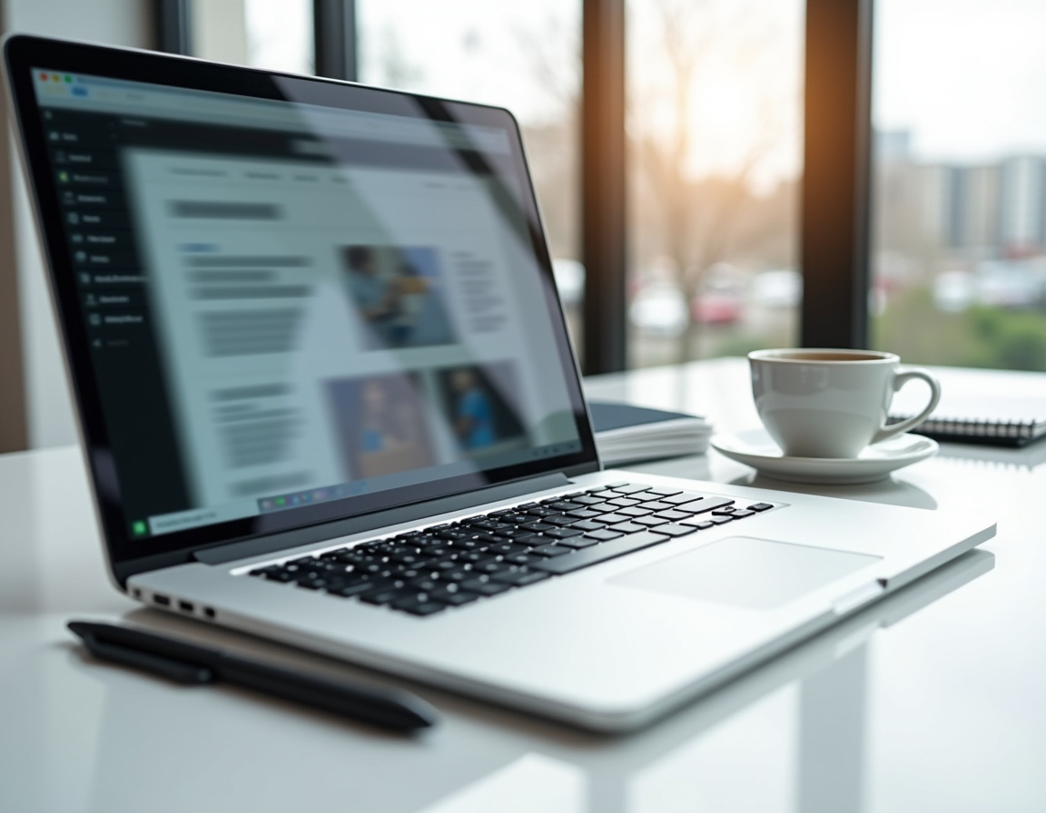 Laptop showing a blurred blog/news layout on a modern desk